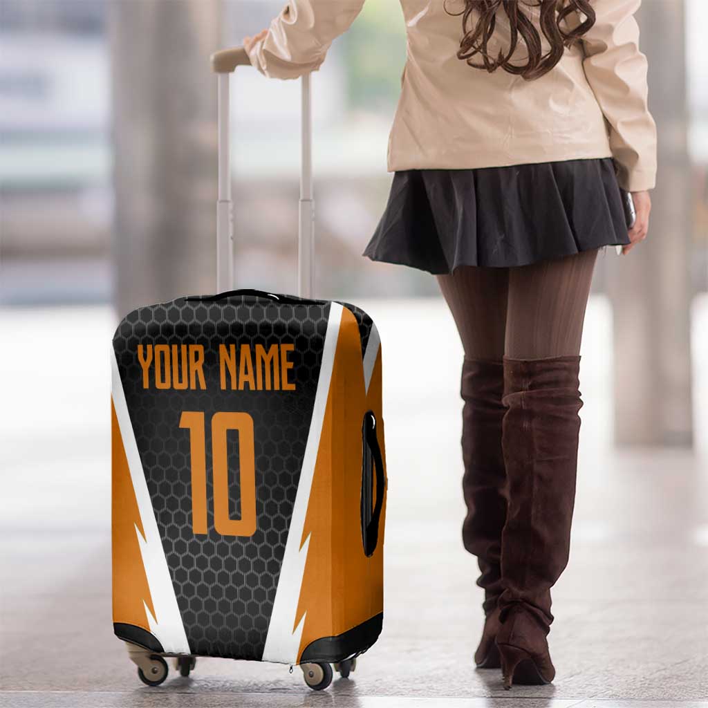 Bass Fishing Luggage Cover Jumping Largemouth Fish on Black Hex Pattern and Orange White Lightning Accents TS04