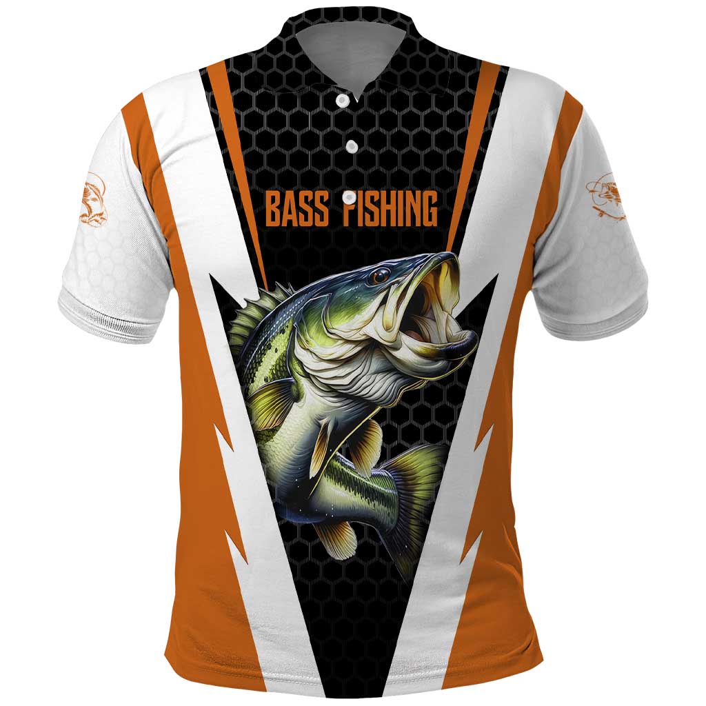 Bass Fishing Polo Shirt Jumping Largemouth Fish on Black Hex Pattern and Orange White Lightning Accents TS04