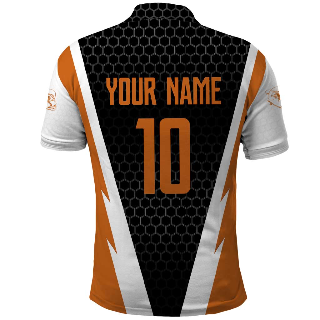 Bass Fishing Polo Shirt Jumping Largemouth Fish on Black Hex Pattern and Orange White Lightning Accents TS04