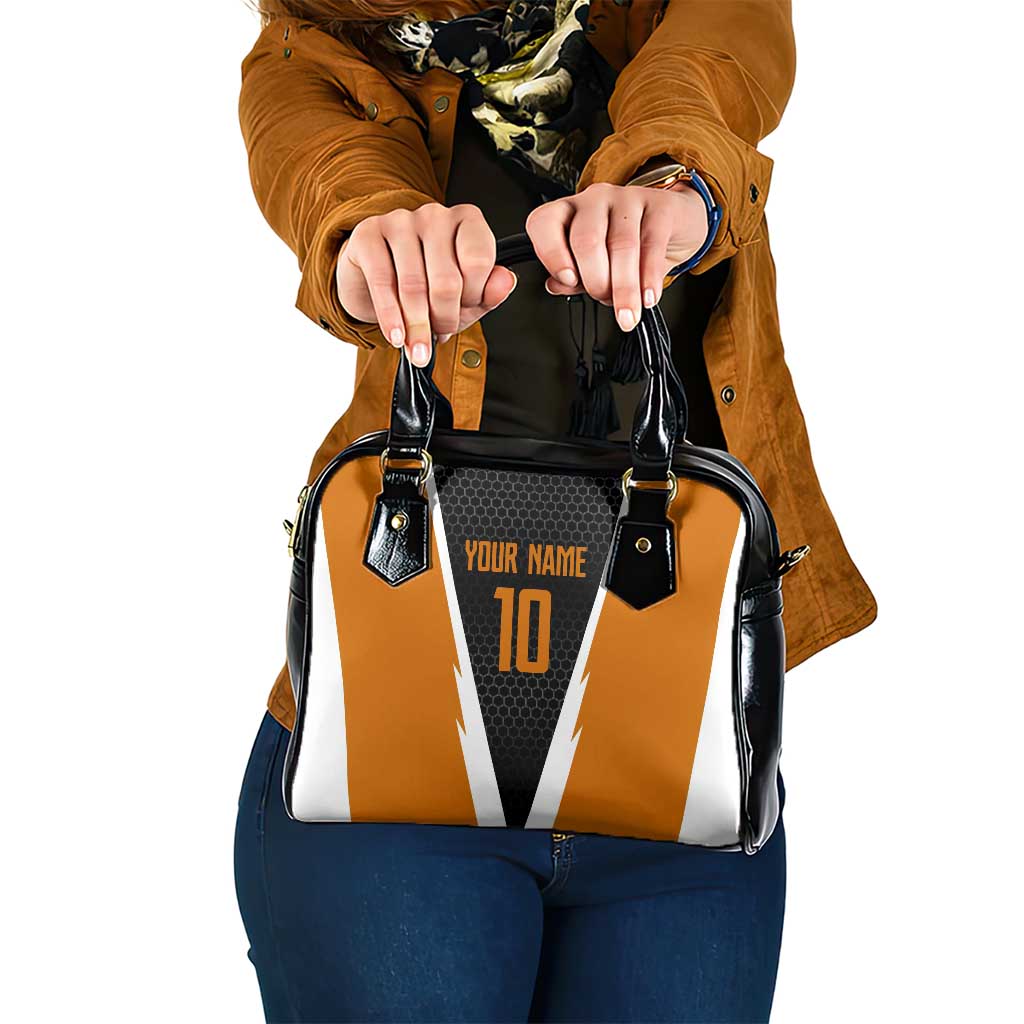 Bass Fishing Shoulder Handbag Jumping Largemouth Fish on Black Hex Pattern and Orange White Lightning Accents TS04