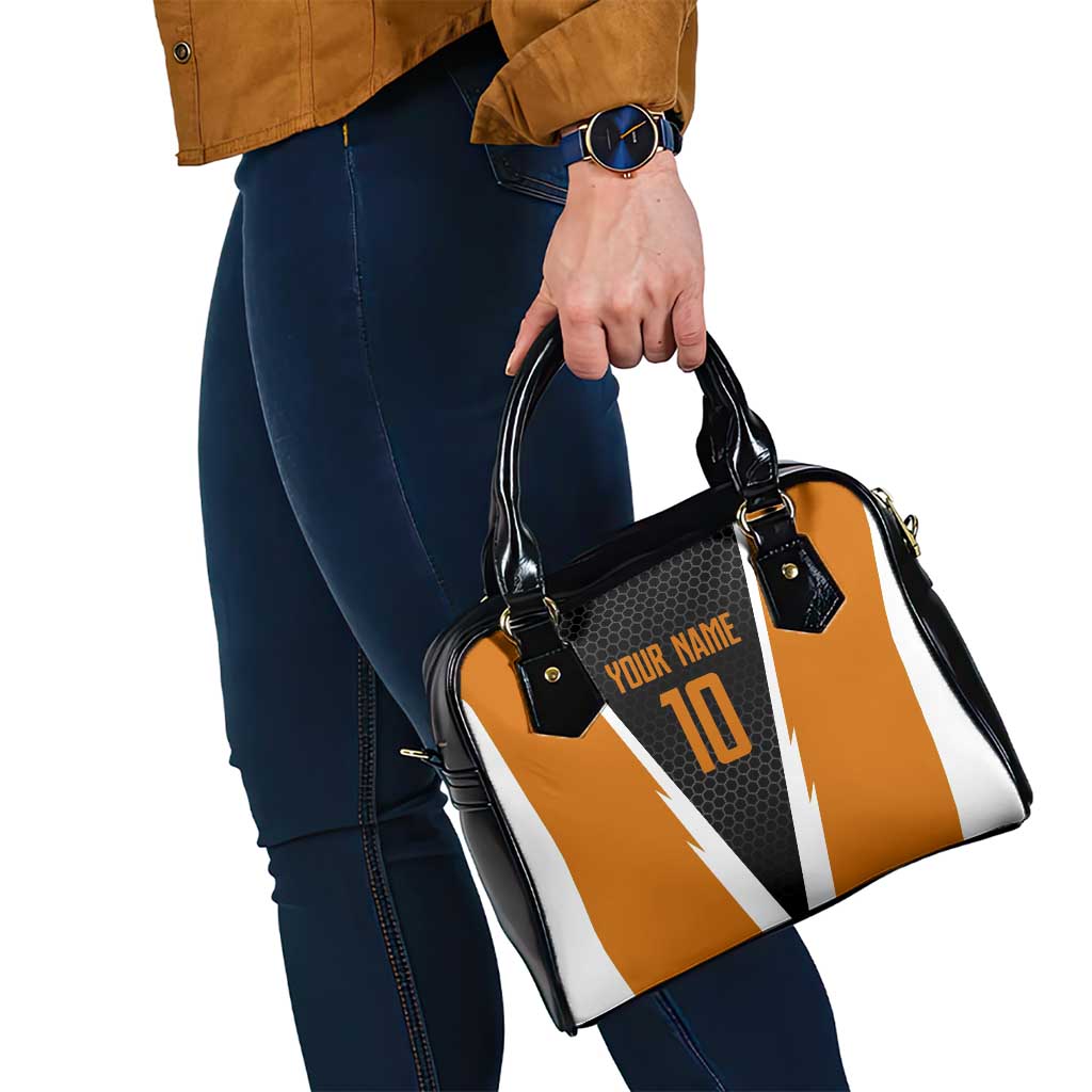 Bass Fishing Shoulder Handbag Jumping Largemouth Fish on Black Hex Pattern and Orange White Lightning Accents TS04