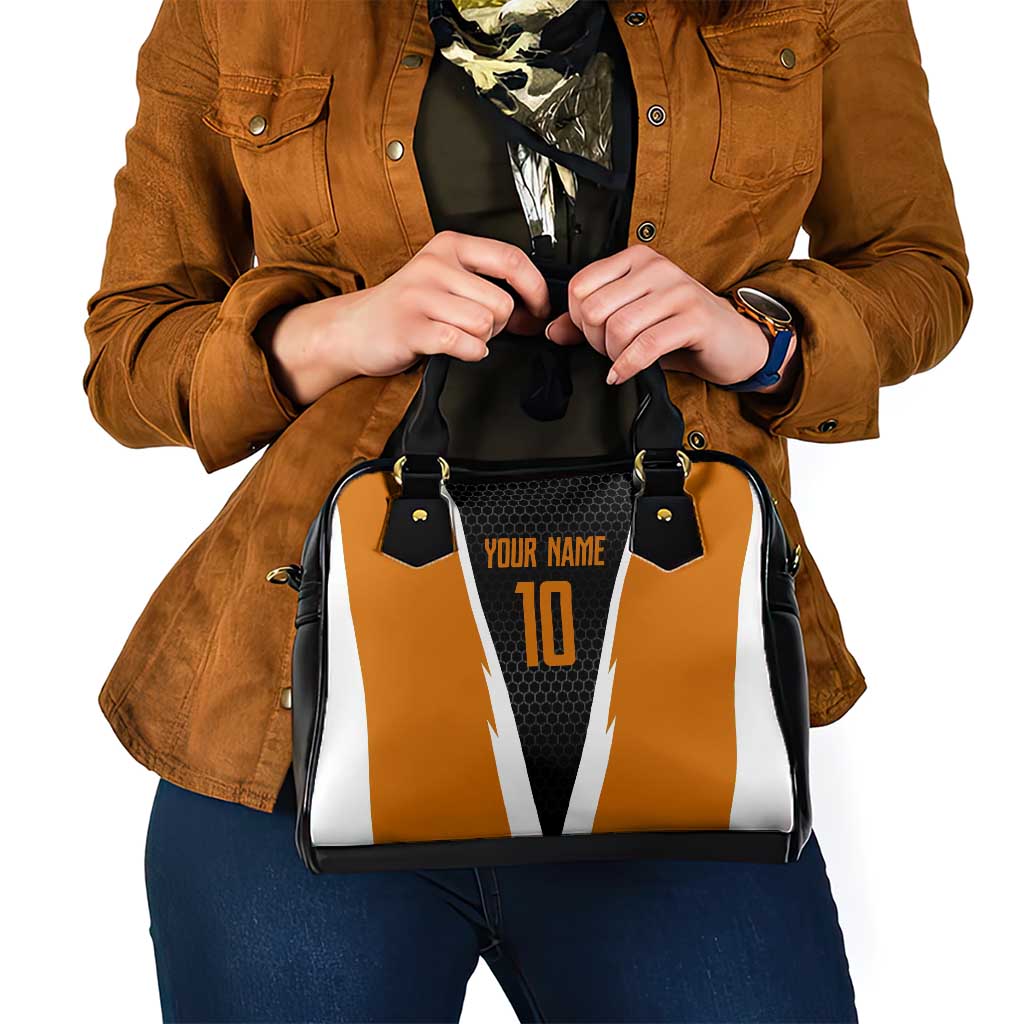 Bass Fishing Shoulder Handbag Jumping Largemouth Fish on Black Hex Pattern and Orange White Lightning Accents TS04