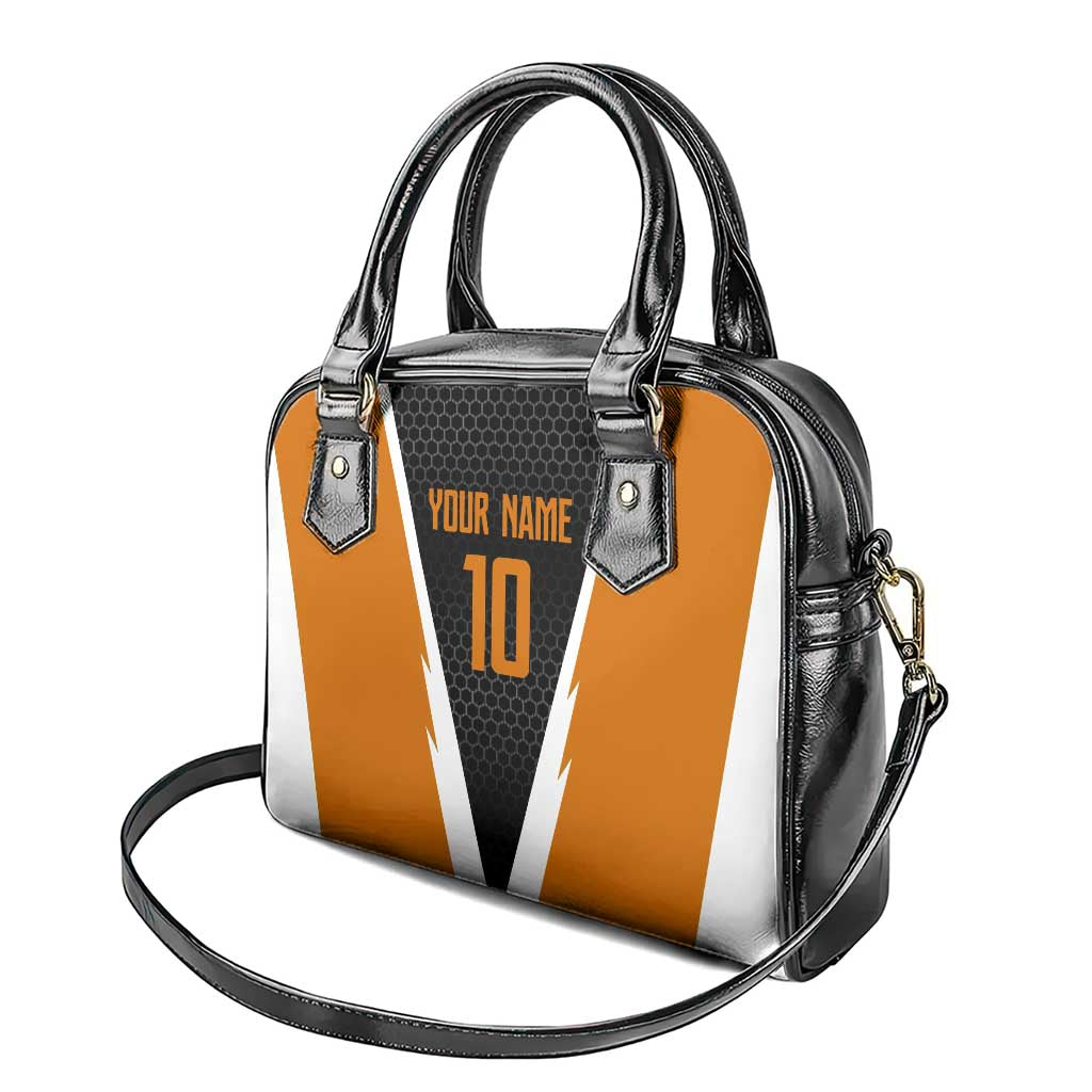Bass Fishing Shoulder Handbag Jumping Largemouth Fish on Black Hex Pattern and Orange White Lightning Accents TS04