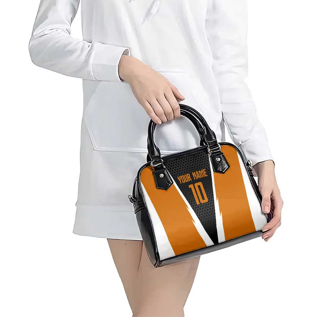 Bass Fishing Shoulder Handbag Jumping Largemouth Fish on Black Hex Pattern and Orange White Lightning Accents TS04