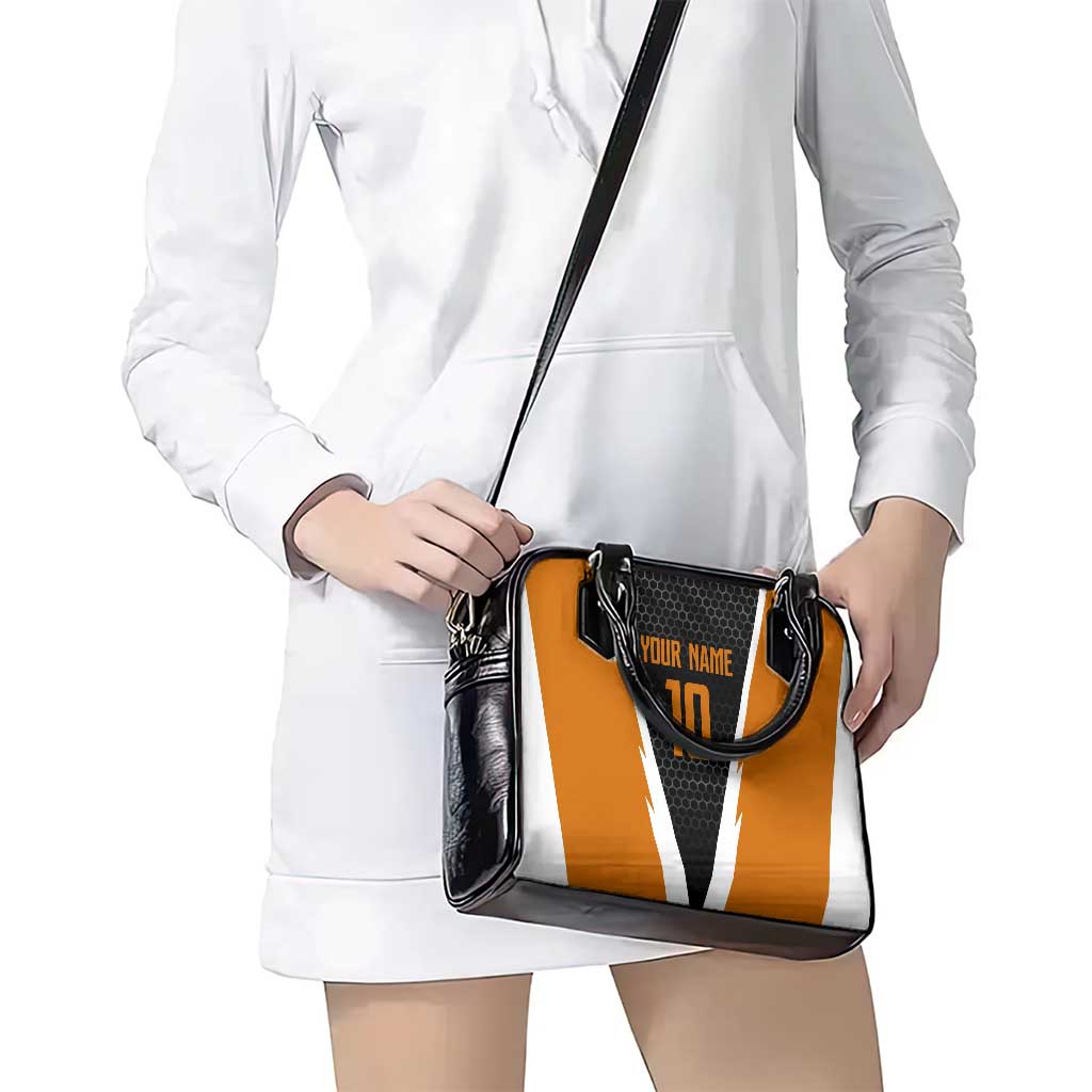 Bass Fishing Shoulder Handbag Jumping Largemouth Fish on Black Hex Pattern and Orange White Lightning Accents TS04