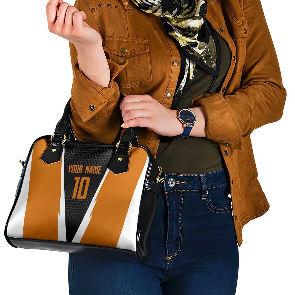 Bass Fishing Shoulder Handbag Jumping Largemouth Fish on Black Hex Pattern and Orange White Lightning Accents TS04