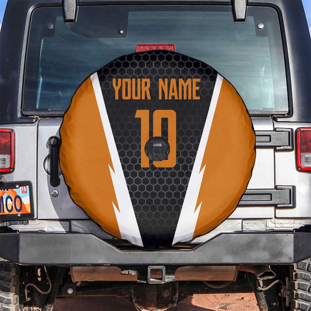 Bass Fishing Spare Tire Cover Jumping Largemouth Fish on Black Hex Pattern and Orange White Lightning Accents TS04