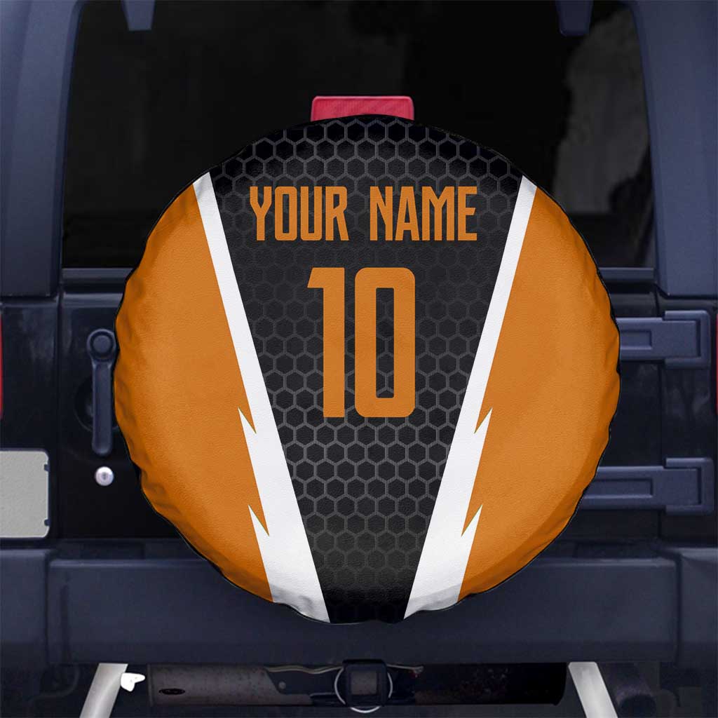 Bass Fishing Spare Tire Cover Jumping Largemouth Fish on Black Hex Pattern and Orange White Lightning Accents TS04