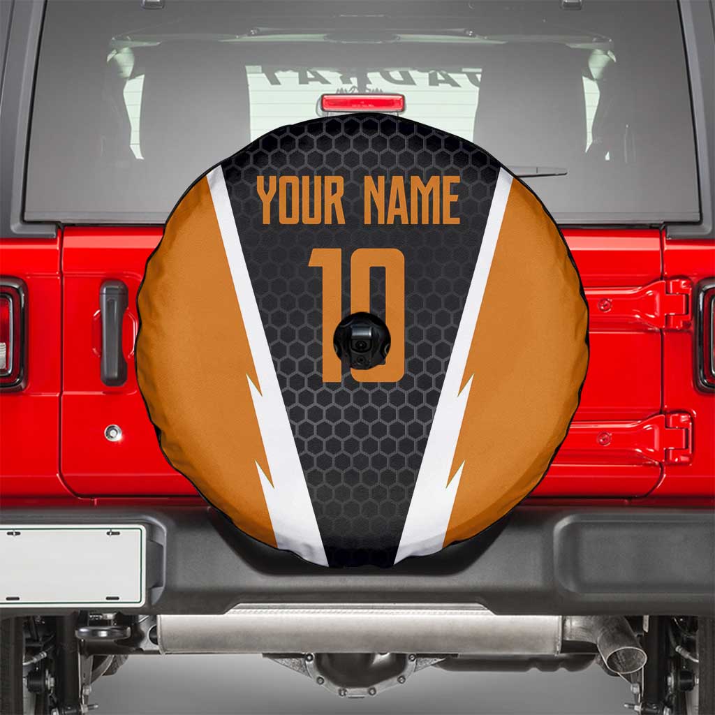Bass Fishing Spare Tire Cover Jumping Largemouth Fish on Black Hex Pattern and Orange White Lightning Accents TS04