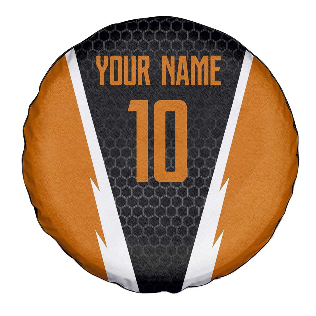 Bass Fishing Spare Tire Cover Jumping Largemouth Fish on Black Hex Pattern and Orange White Lightning Accents TS04