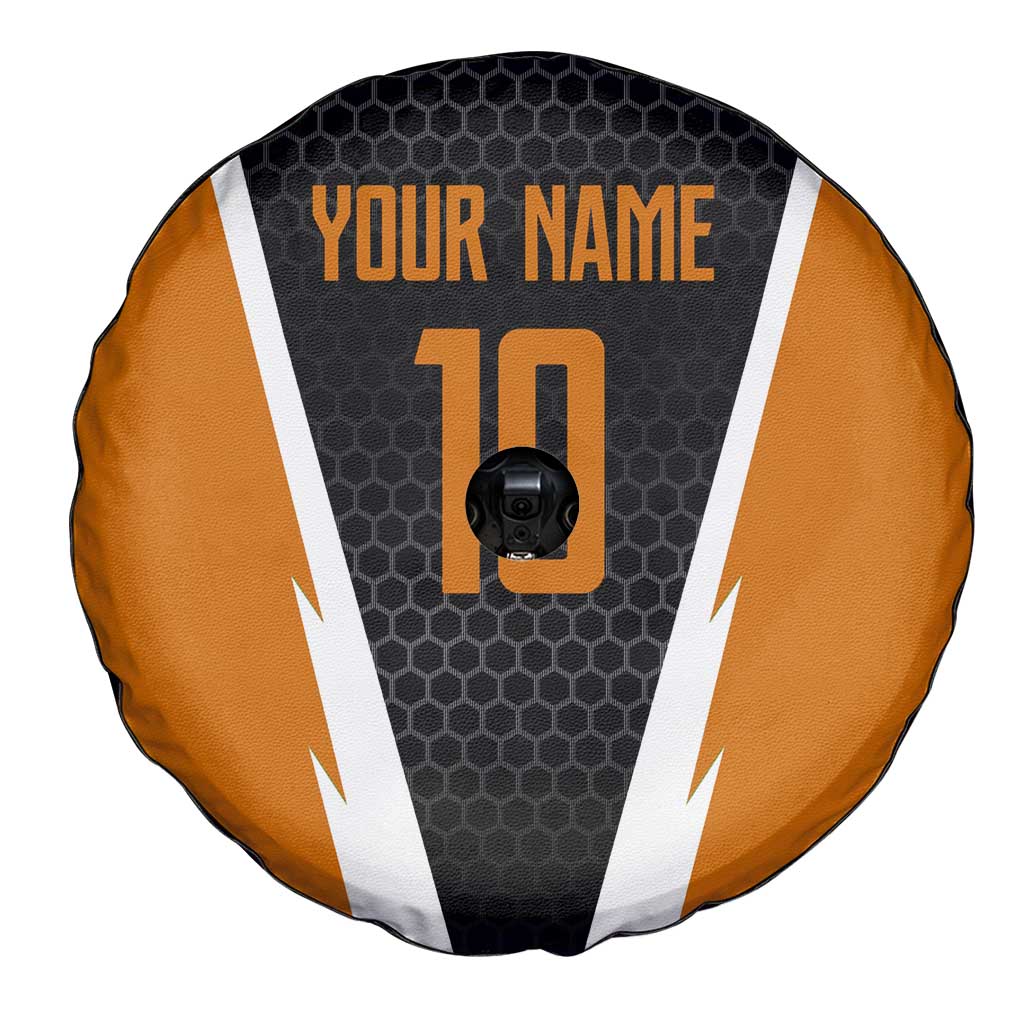 Bass Fishing Spare Tire Cover Jumping Largemouth Fish on Black Hex Pattern and Orange White Lightning Accents TS04