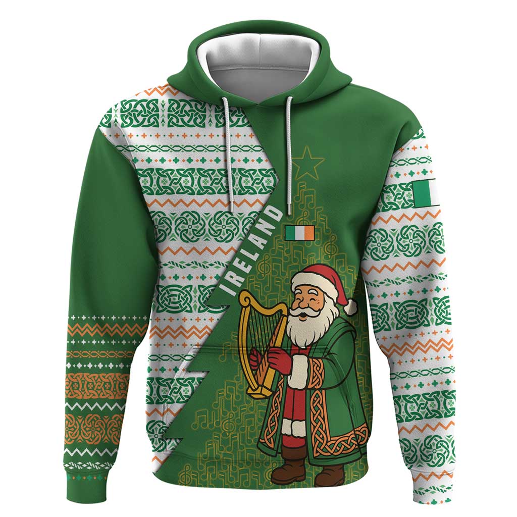 Ireland Christmas Hoodie with Celtic Harp Santa and Green Holiday Pattern TS04