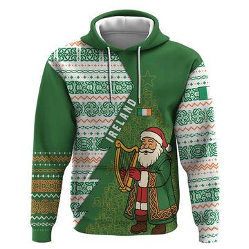 Ireland Christmas Hoodie with Celtic Harp Santa and Green Holiday Pattern TS04