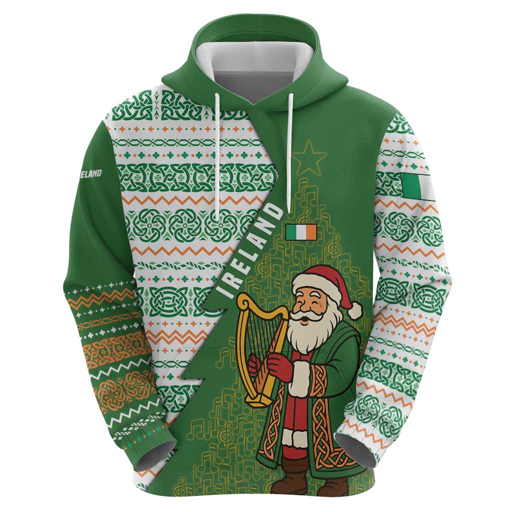 Ireland Christmas Hoodie with Celtic Harp Santa and Green Holiday Pattern TS04