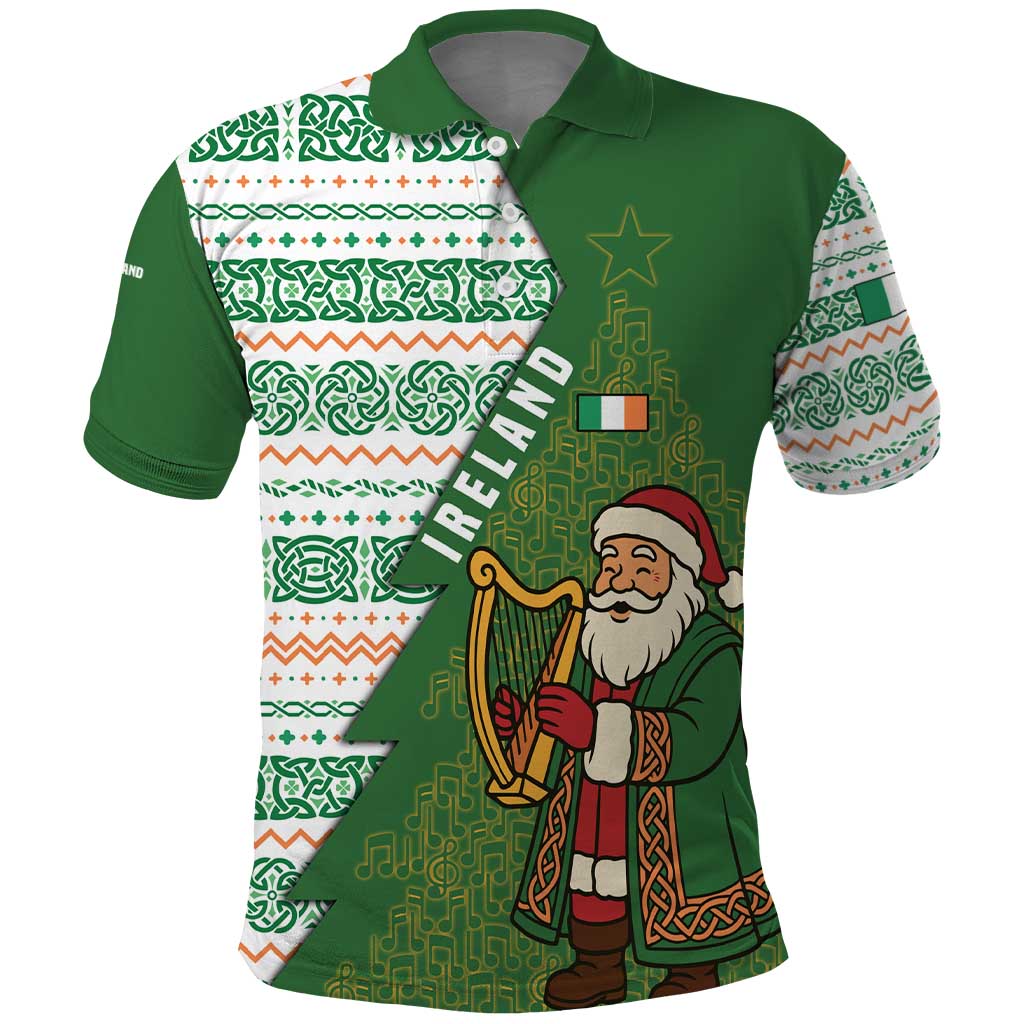 Ireland Christmas Polo Shirt with Celtic Harp Santa and Green Holiday Pattern TS04