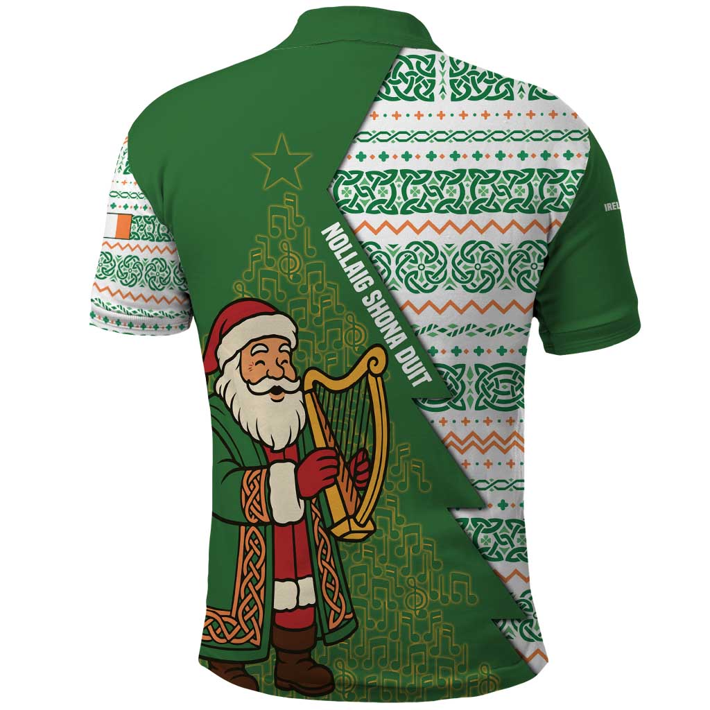 Ireland Christmas Polo Shirt with Celtic Harp Santa and Green Holiday Pattern TS04
