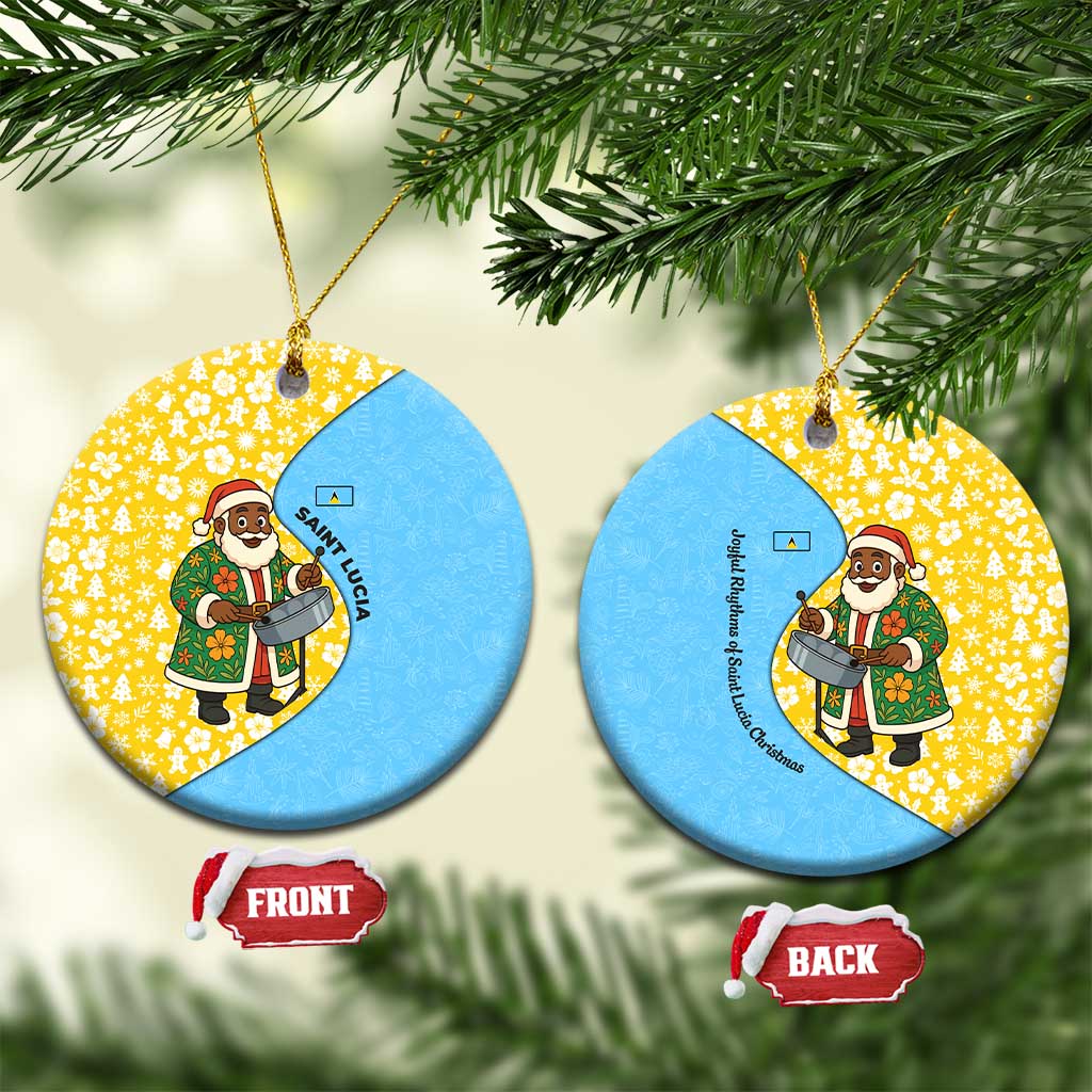 Saint Lucia Christmas Ceramic Ornament with Steelpan Santa Floral Pattern and Flag TS04