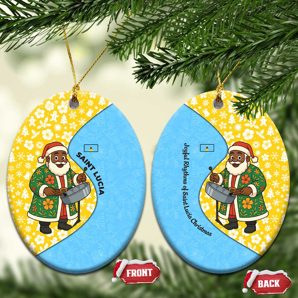 Saint Lucia Christmas Ceramic Ornament with Steelpan Santa Floral Pattern and Flag TS04