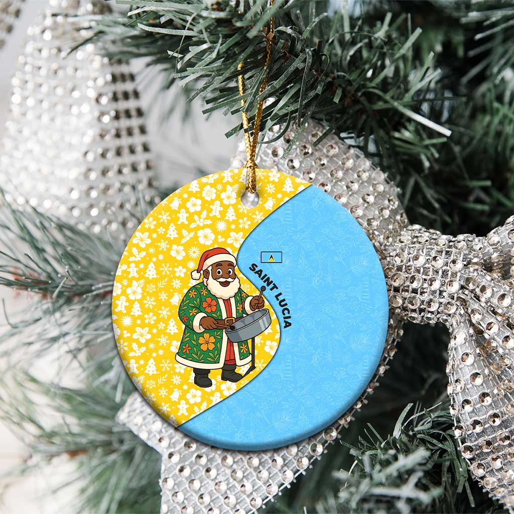 Saint Lucia Christmas Ceramic Ornament with Steelpan Santa Floral Pattern and Flag TS04