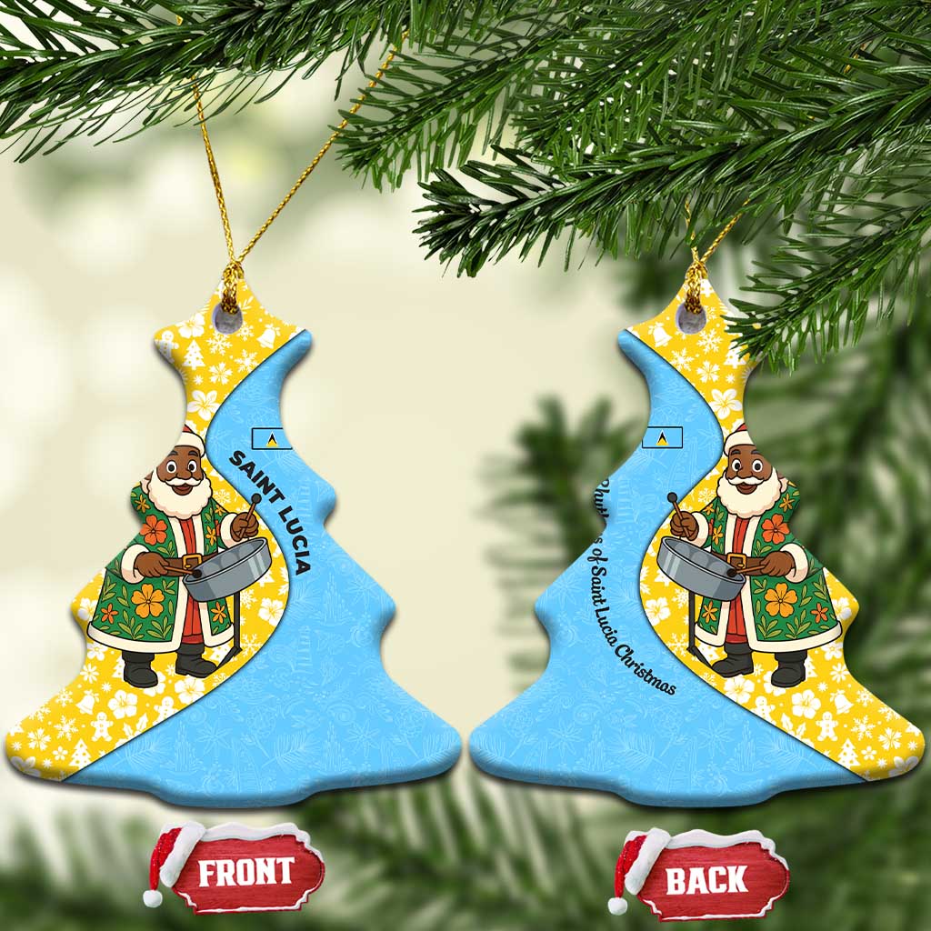 Saint Lucia Christmas Ceramic Ornament with Steelpan Santa Floral Pattern and Flag TS04