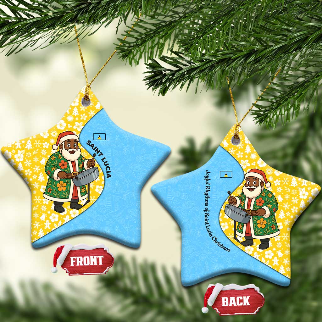 Saint Lucia Christmas Ceramic Ornament with Steelpan Santa Floral Pattern and Flag TS04