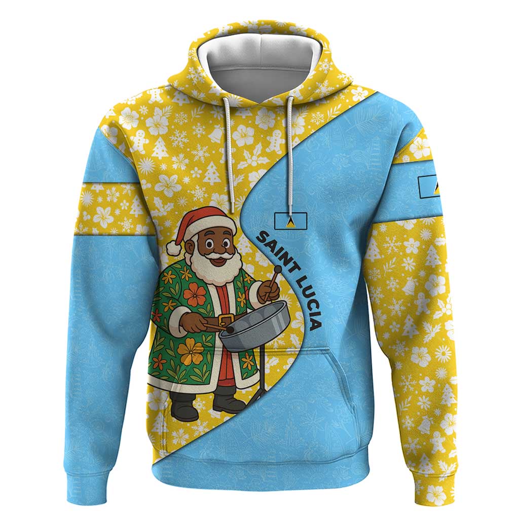 Saint Lucia Christmas Hoodie with Steelpan Santa Floral Pattern and Flag TS04