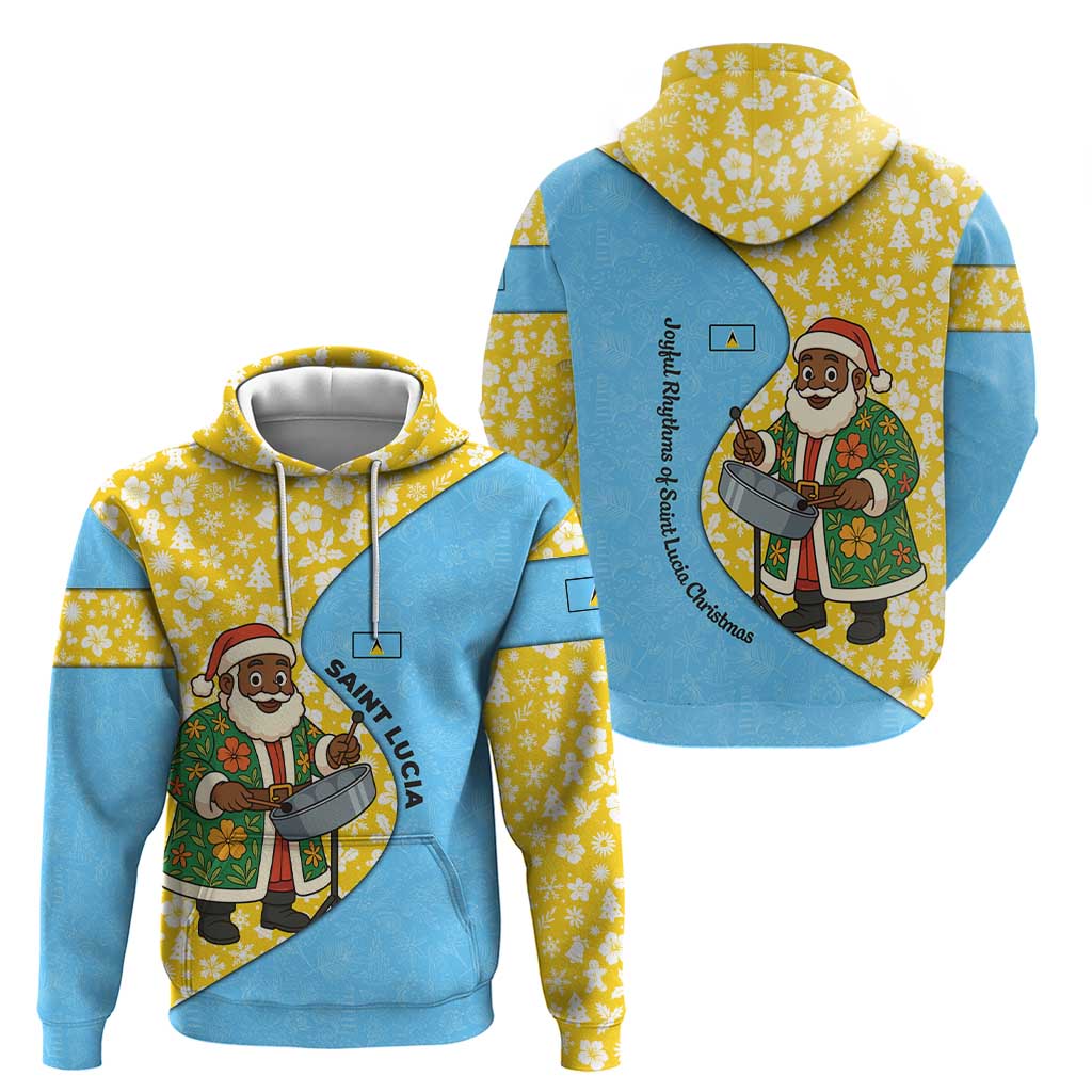 Saint Lucia Christmas Hoodie with Steelpan Santa Floral Pattern and Flag TS04
