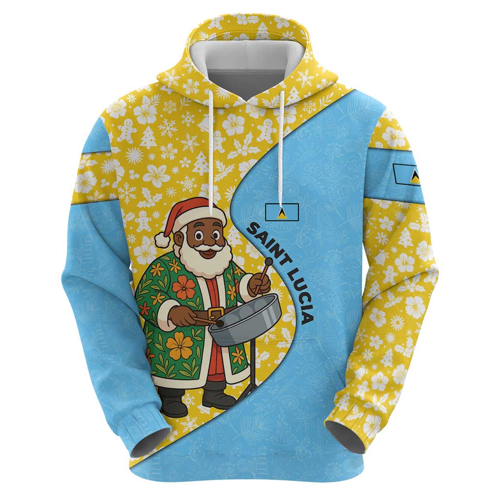 Saint Lucia Christmas Hoodie with Steelpan Santa Floral Pattern and Flag TS04