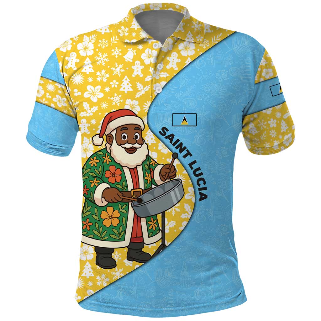 Saint Lucia Christmas Polo Shirt with Steelpan Santa Floral Pattern and Flag TS04