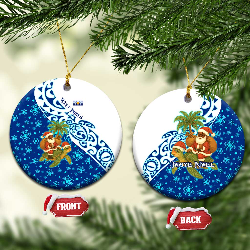West Indies Christmas Ceramic Ornament with Santa Riding Turtle Palm Tree and Tribal Snowflake Design TS04