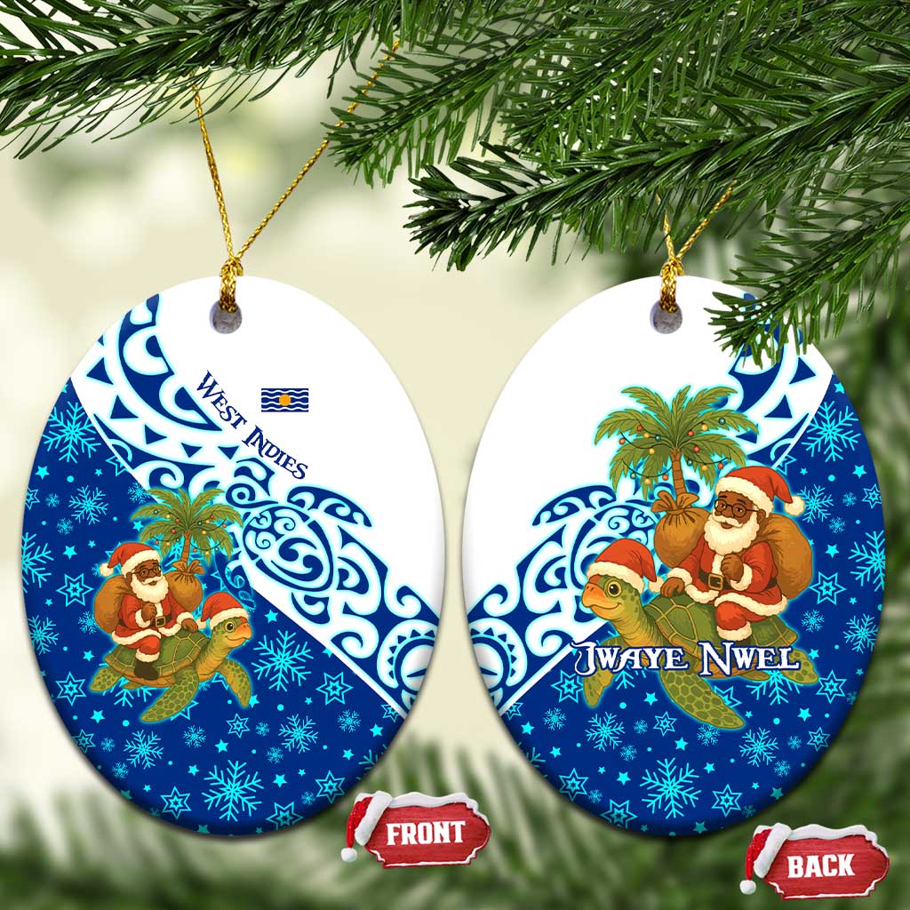 West Indies Christmas Ceramic Ornament with Santa Riding Turtle Palm Tree and Tribal Snowflake Design TS04