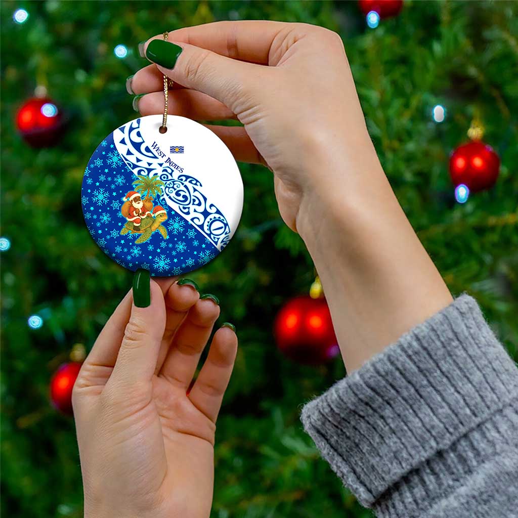 West Indies Christmas Ceramic Ornament with Santa Riding Turtle Palm Tree and Tribal Snowflake Design TS04
