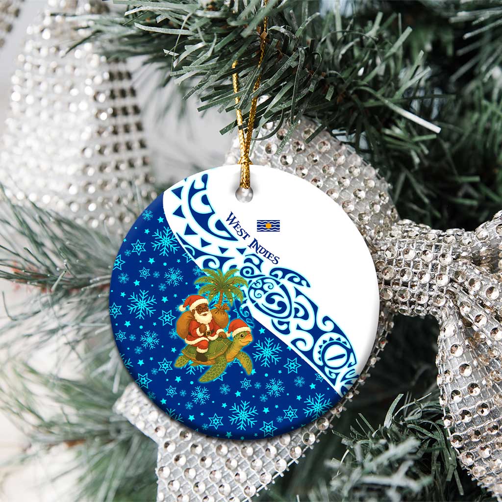 West Indies Christmas Ceramic Ornament with Santa Riding Turtle Palm Tree and Tribal Snowflake Design TS04