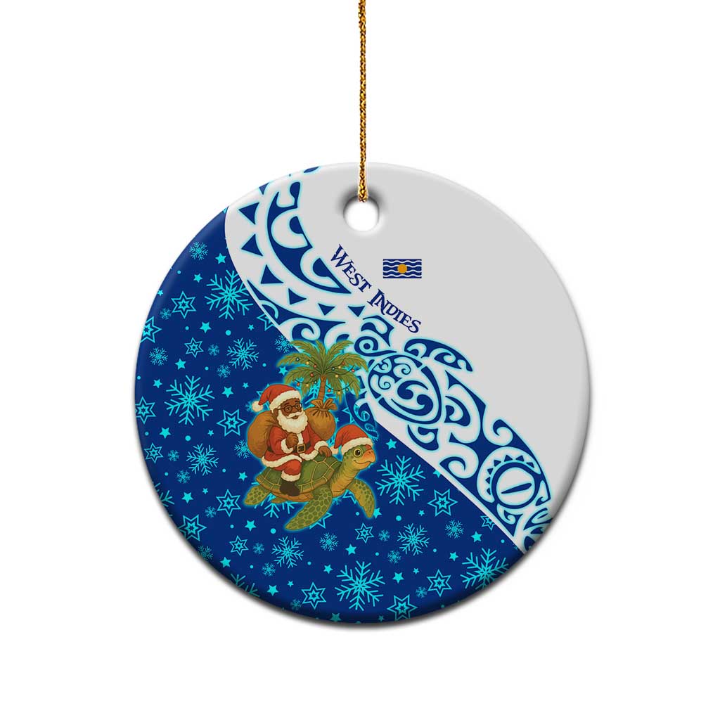 West Indies Christmas Ceramic Ornament with Santa Riding Turtle Palm Tree and Tribal Snowflake Design TS04