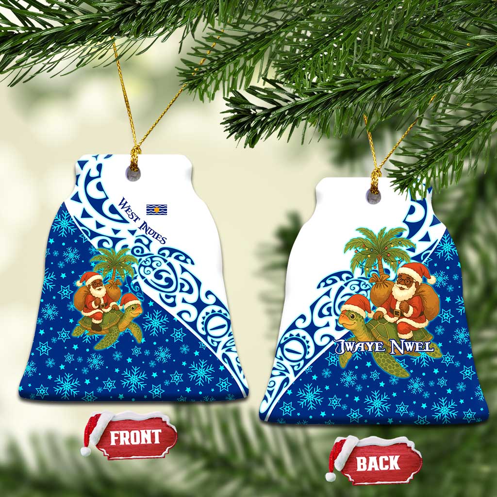 West Indies Christmas Ceramic Ornament with Santa Riding Turtle Palm Tree and Tribal Snowflake Design TS04