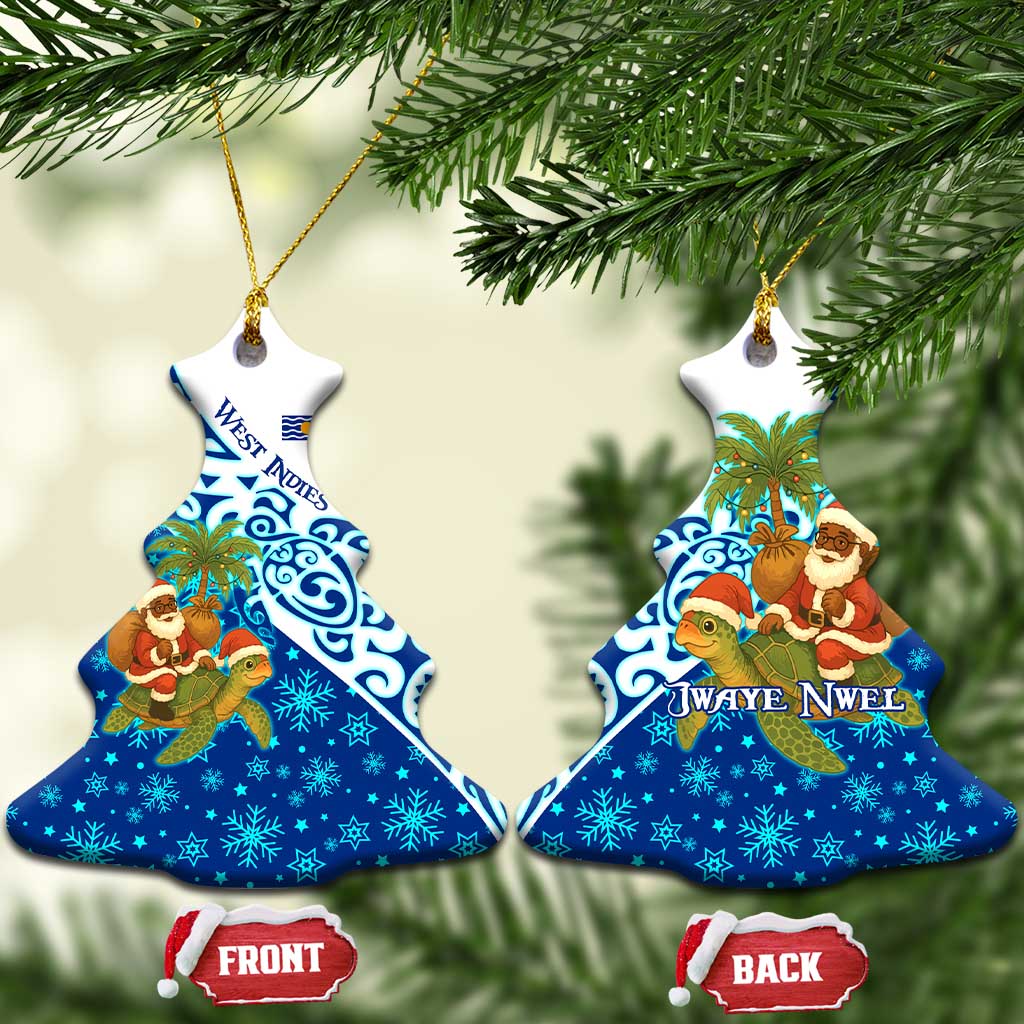 West Indies Christmas Ceramic Ornament with Santa Riding Turtle Palm Tree and Tribal Snowflake Design TS04