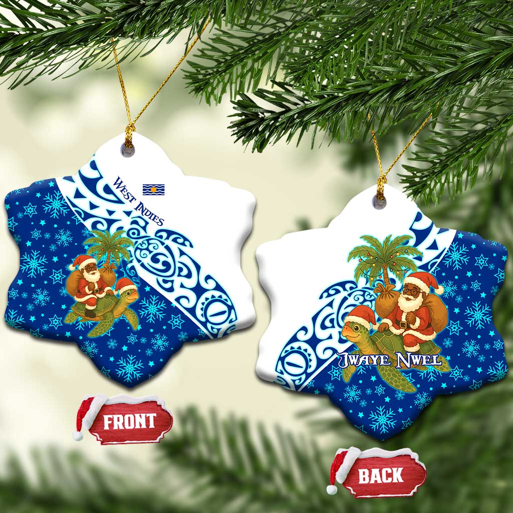 West Indies Christmas Ceramic Ornament with Santa Riding Turtle Palm Tree and Tribal Snowflake Design TS04