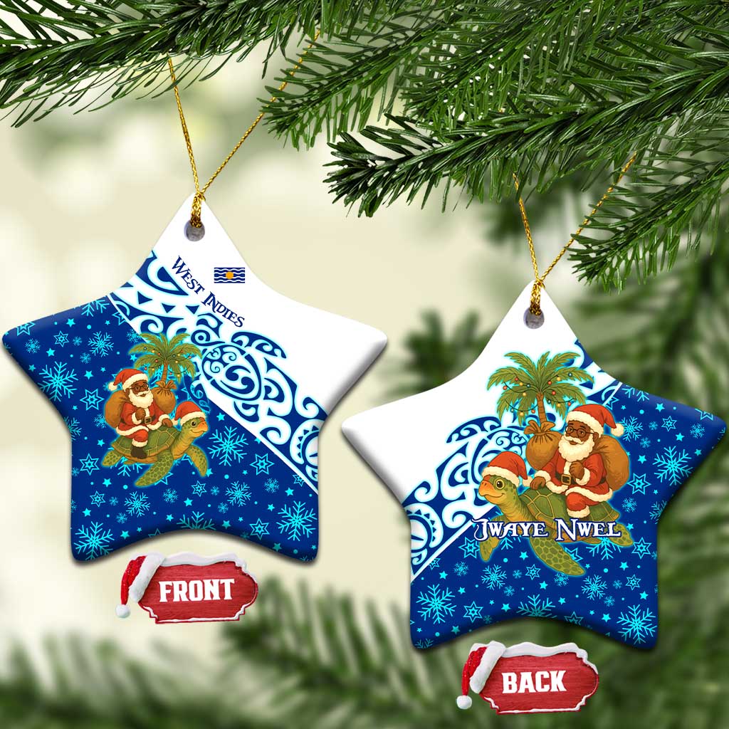 West Indies Christmas Ceramic Ornament with Santa Riding Turtle Palm Tree and Tribal Snowflake Design TS04