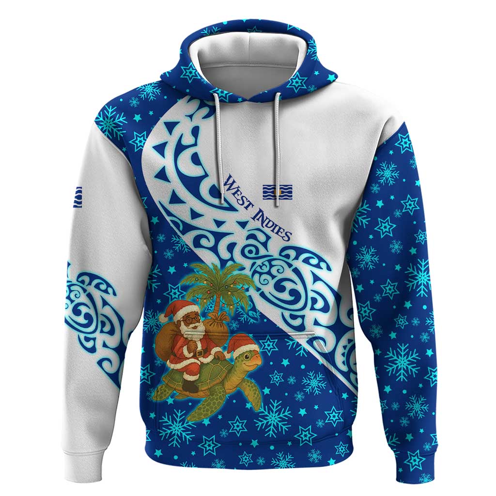 West Indies Christmas Hoodie with Santa Riding Turtle Palm Tree and Tribal Snowflake Design TS04