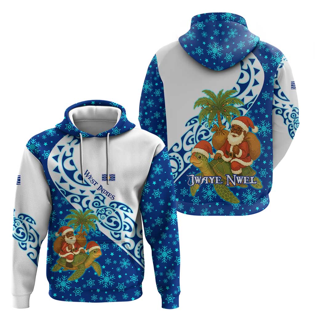 West Indies Christmas Hoodie with Santa Riding Turtle Palm Tree and Tribal Snowflake Design TS04