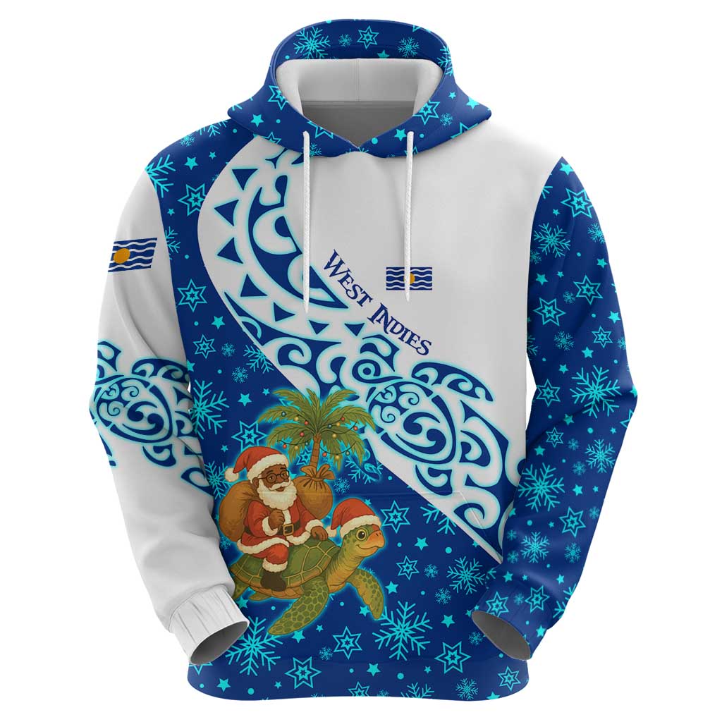 West Indies Christmas Hoodie with Santa Riding Turtle Palm Tree and Tribal Snowflake Design TS04