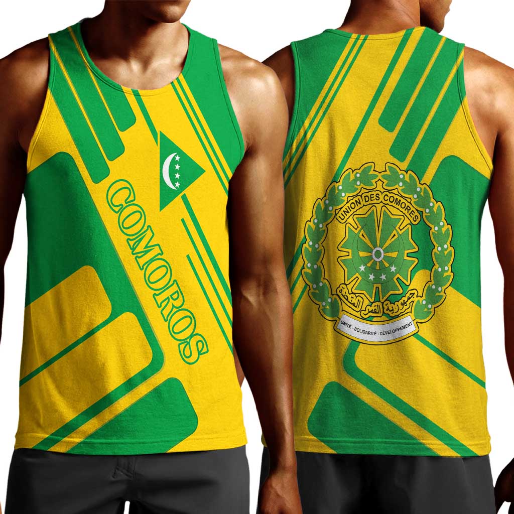 Comoros Flag Men Tank Top - Green and Yellow Design and National Emblem TS04