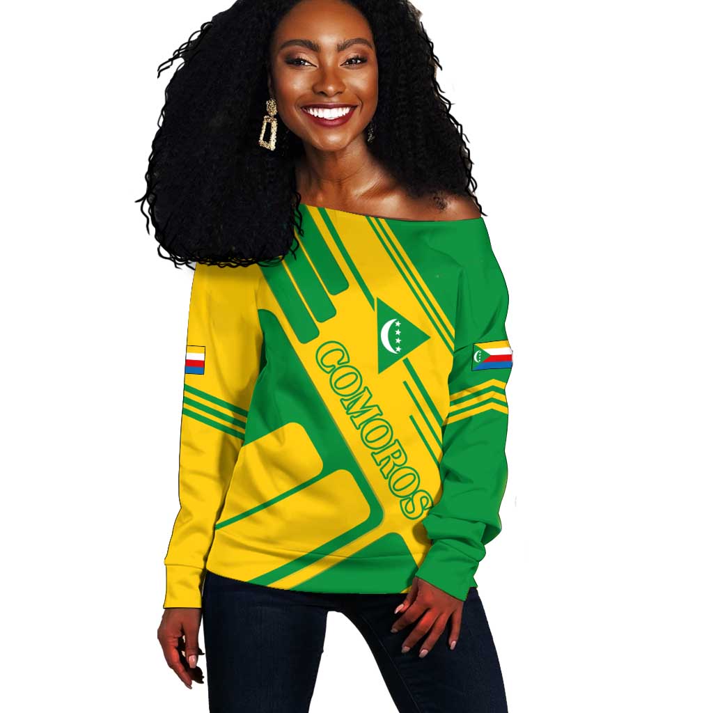 Comoros Flag Off Shoulder Sweater - Green and Yellow Design and National Emblem TS04