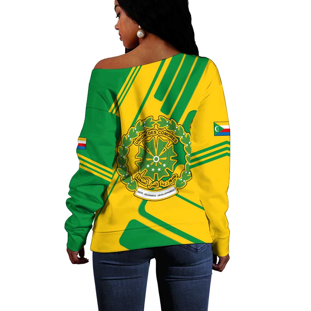 Comoros Flag Off Shoulder Sweater - Green and Yellow Design and National Emblem TS04