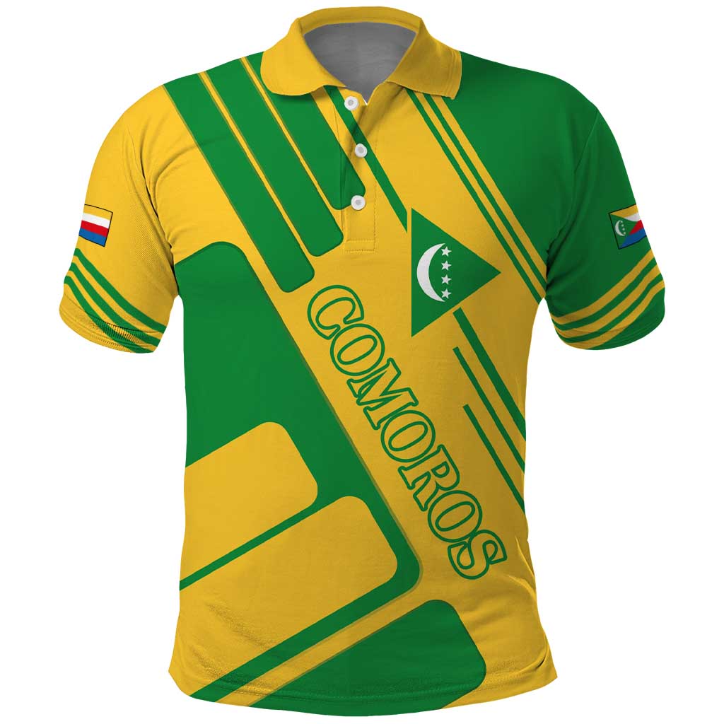 Comoros Flag Polo Shirt with Green and Yellow Design and National Emblem TS04