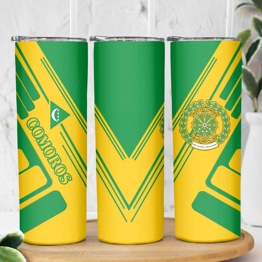 Comoros Flag Skinny Tumbler - Green and Yellow Design and National Emblem TS04