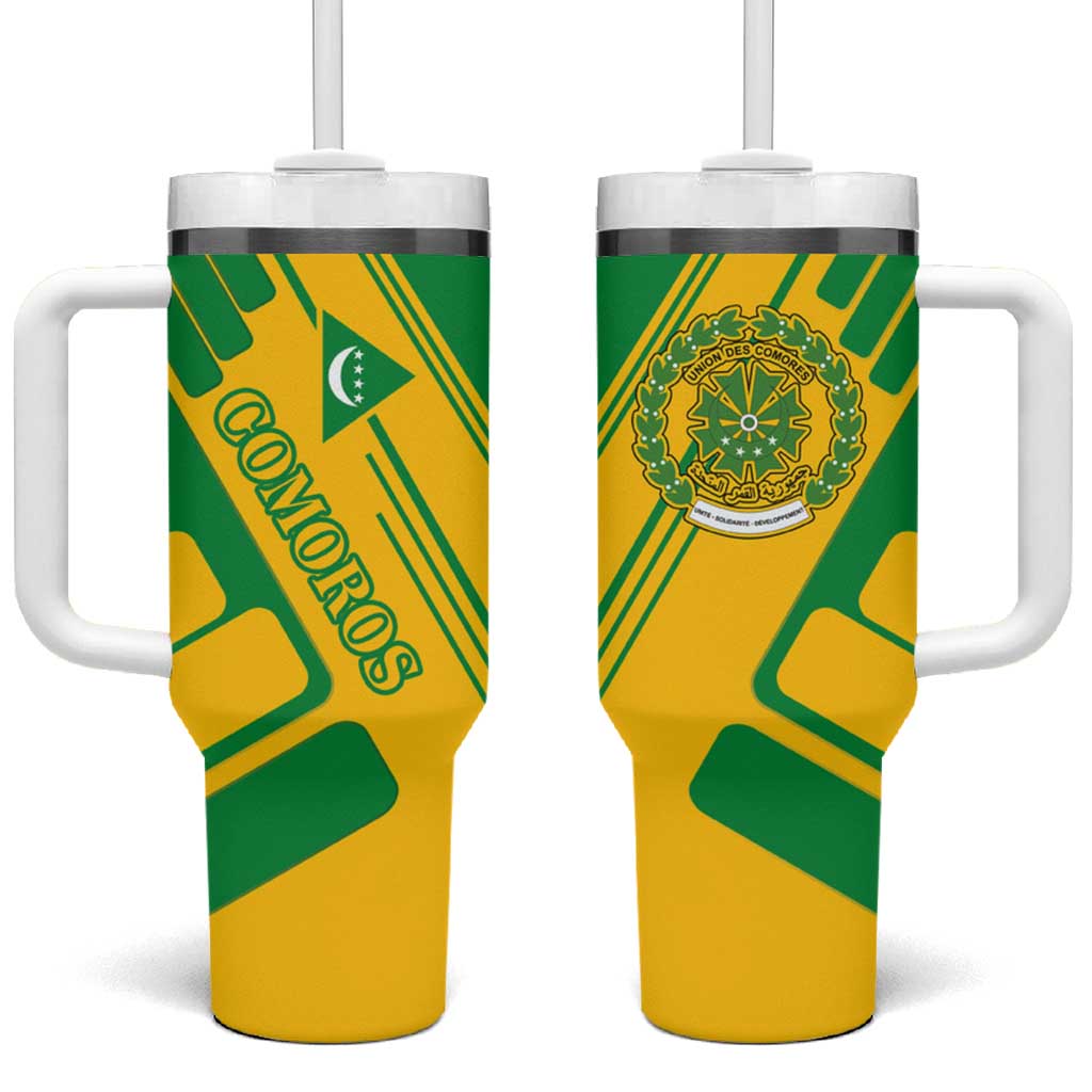Comoros Flag Tumbler With Handle - Green and Yellow Design and National Emblem TS04