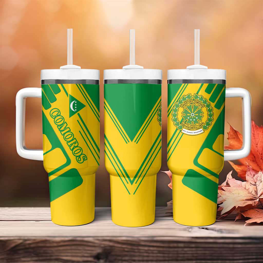 Comoros Flag Tumbler With Handle - Green and Yellow Design and National Emblem TS04