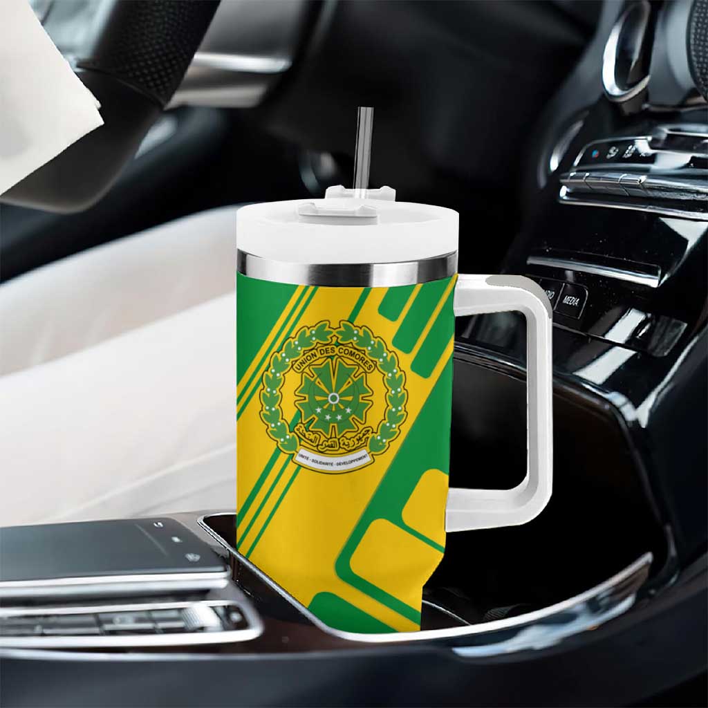 Comoros Flag Tumbler With Handle - Green and Yellow Design and National Emblem TS04