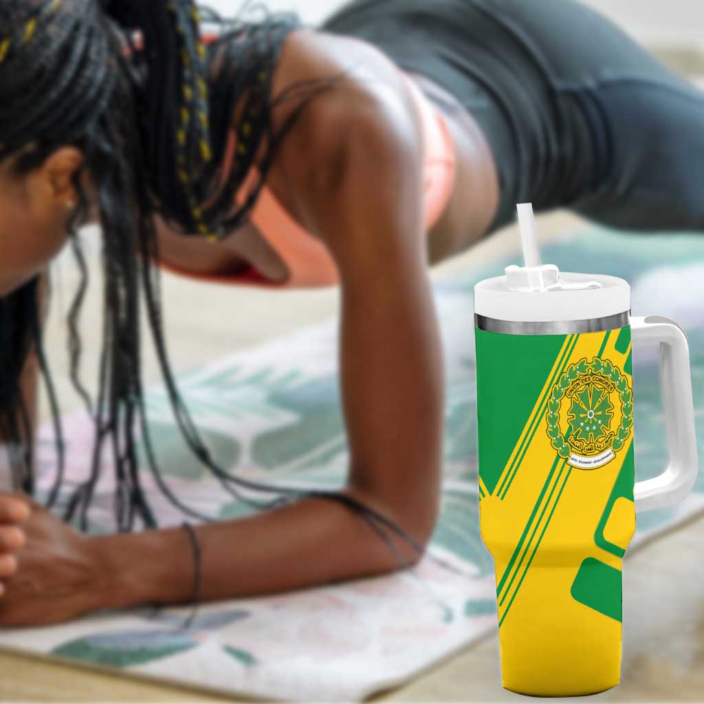 Comoros Flag Tumbler With Handle - Green and Yellow Design and National Emblem TS04